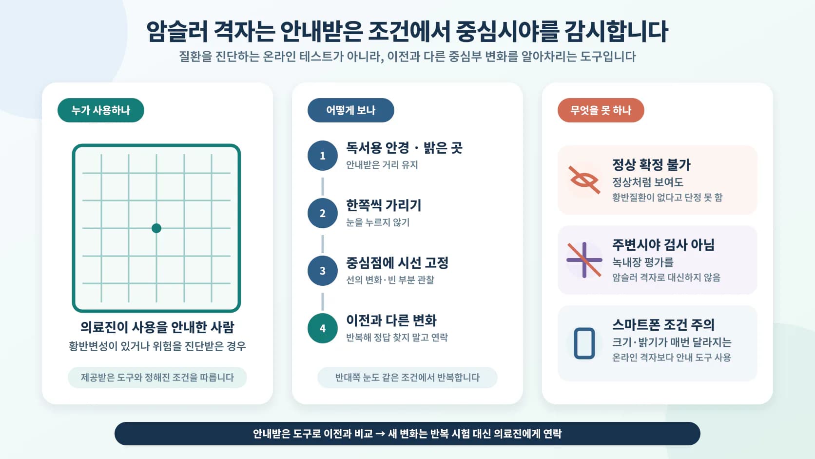 암슬러 격자를 사용할 대상과 순서, 진단·주변시야 검사를 대신하지 못하는 한계를 정리한 안내