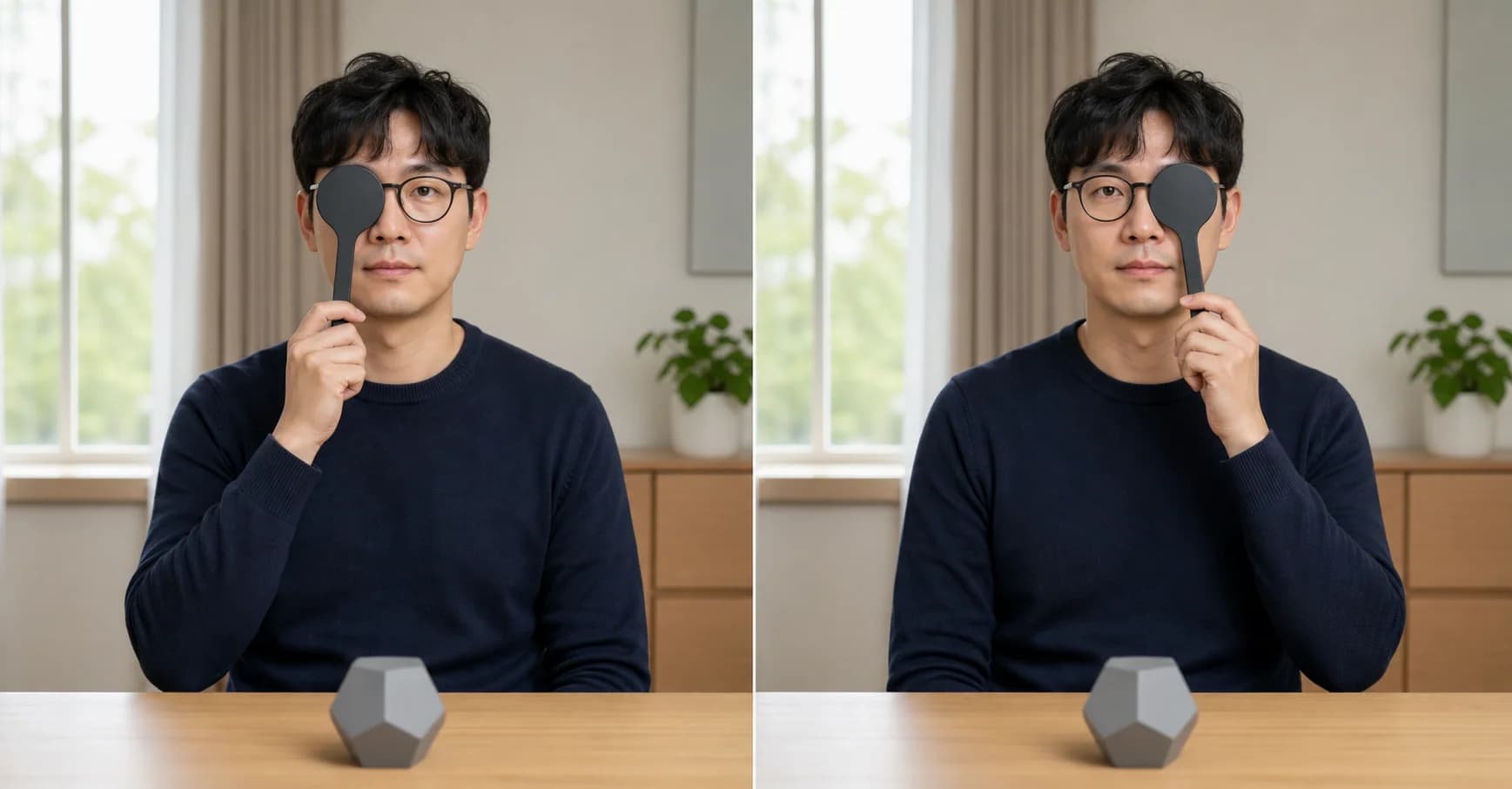 같은 거리와 조명에서 양쪽 눈을 번갈아 비교하는 방법