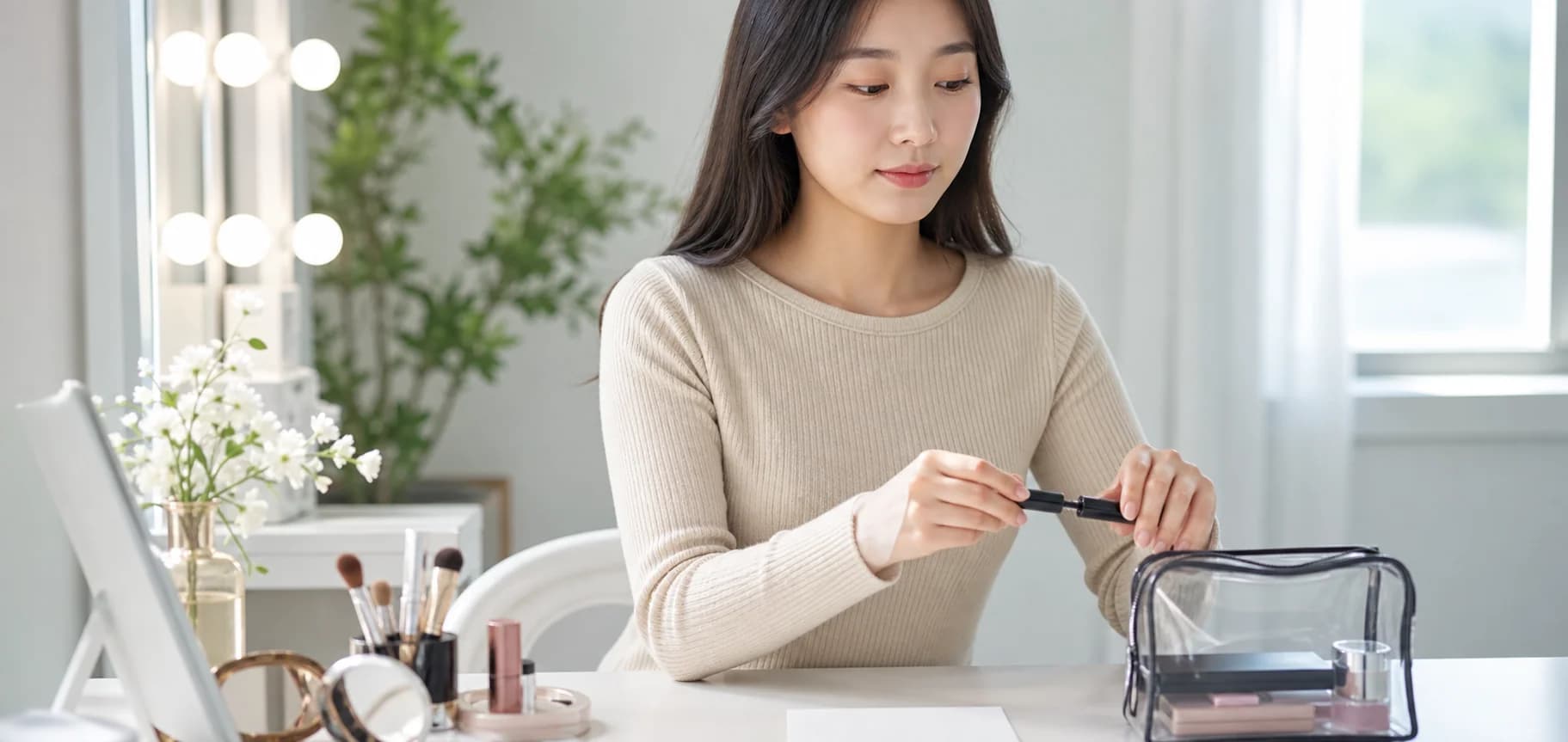충혈 증상이 있을 때 눈 화장품을 닫아 따로 보관하는 모습