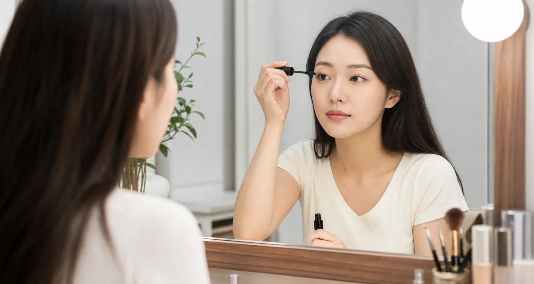 정차한 실내 화장대에서 안정된 자세로 마스카라를 사용하는 장면