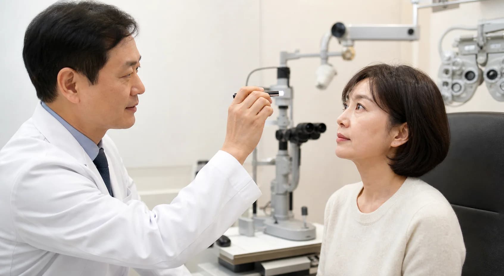 위눈꺼풀 위치와 위쪽 시야를 안과에서 평가하는 장면