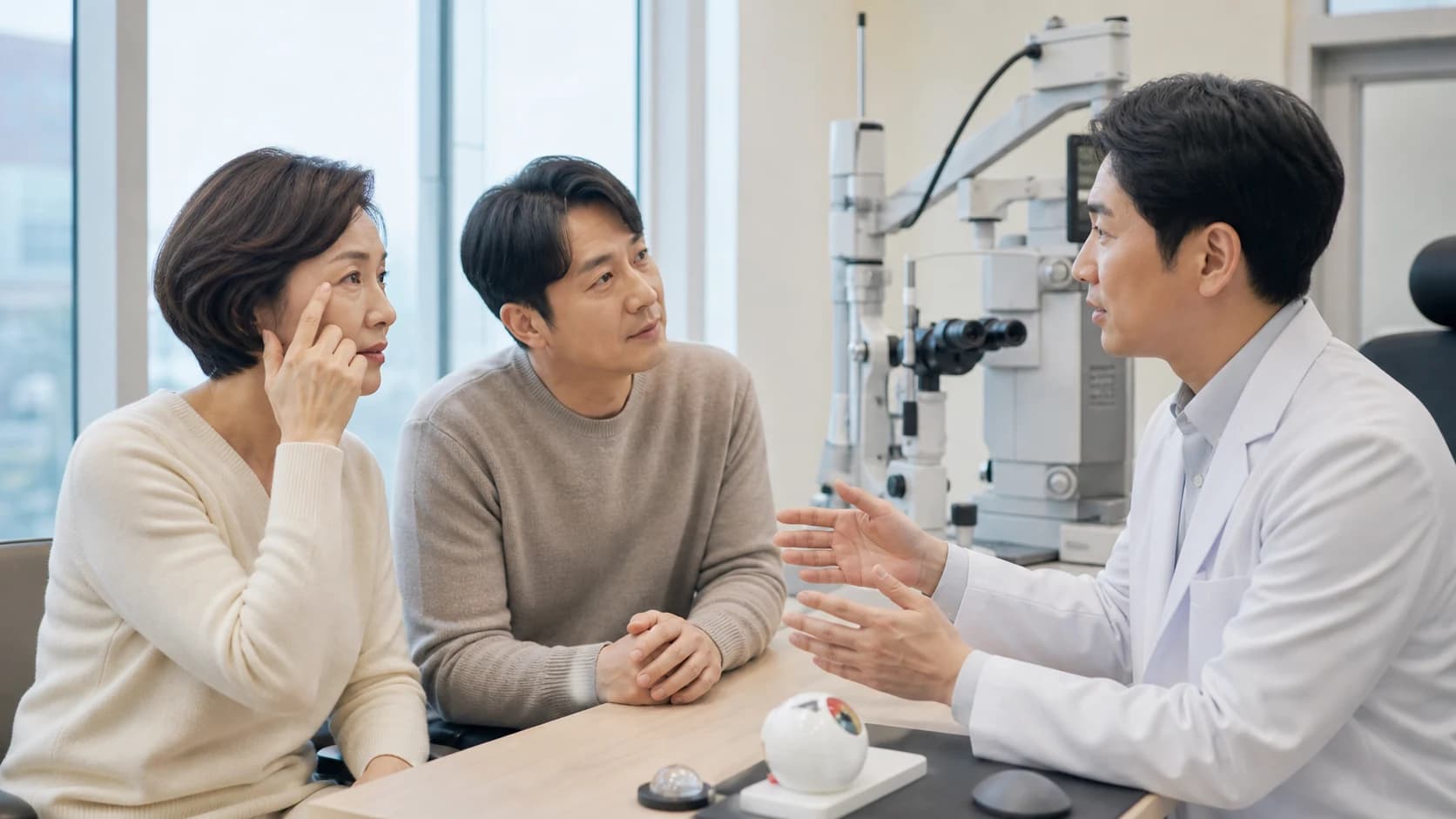 눈 바깥 피부 변화와 눈 안 수정체 노안을 구분한 도식