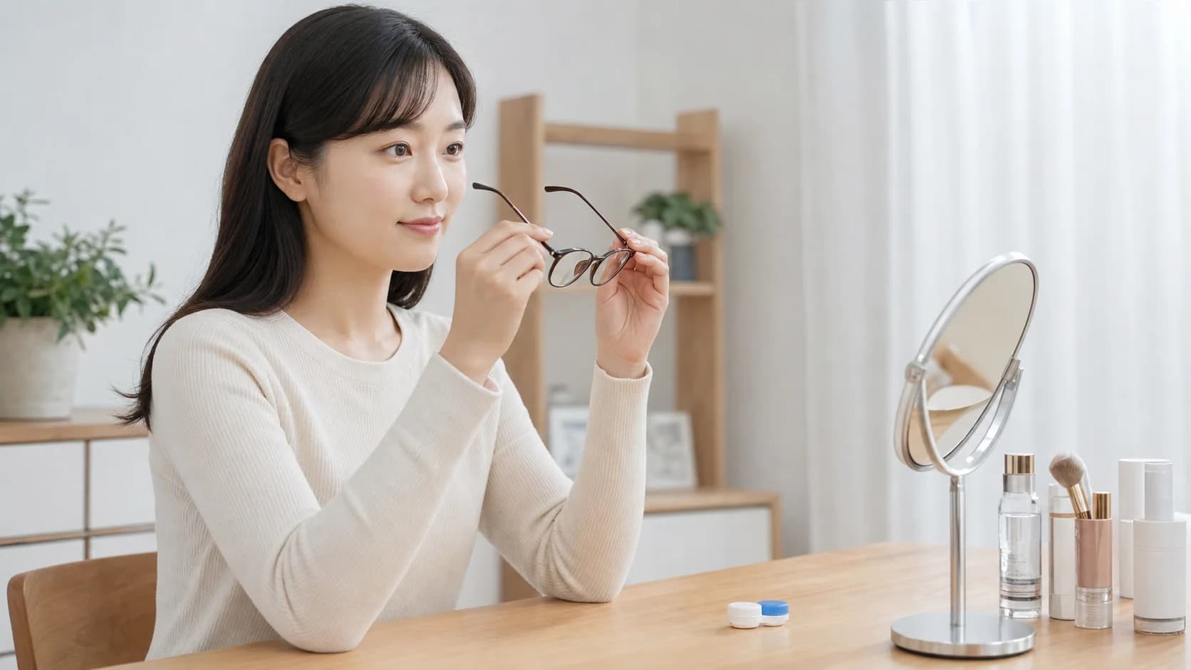 렌즈 불편 시 전환할 안경과 닫힌 렌즈 케이스를 준비한 모습