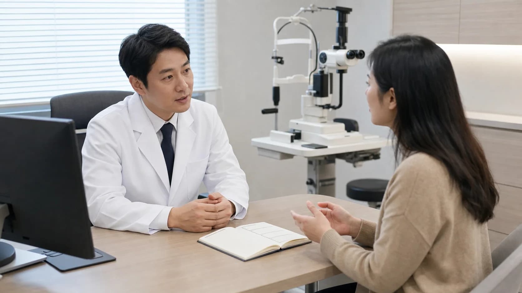 화상회의 뒤 지속되는 흐림과 통증을 안과에서 상담하는 장면