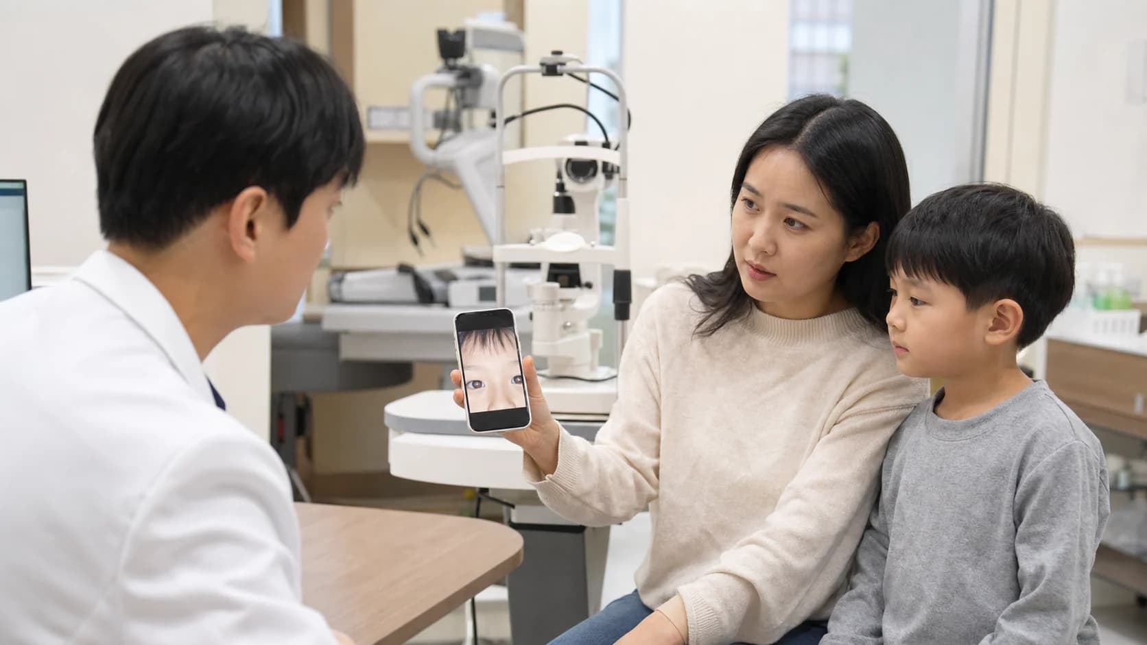 사진에서 흰 동공 반사를 발견한 보호자가 즉시 의료진에게 보여주는 상담