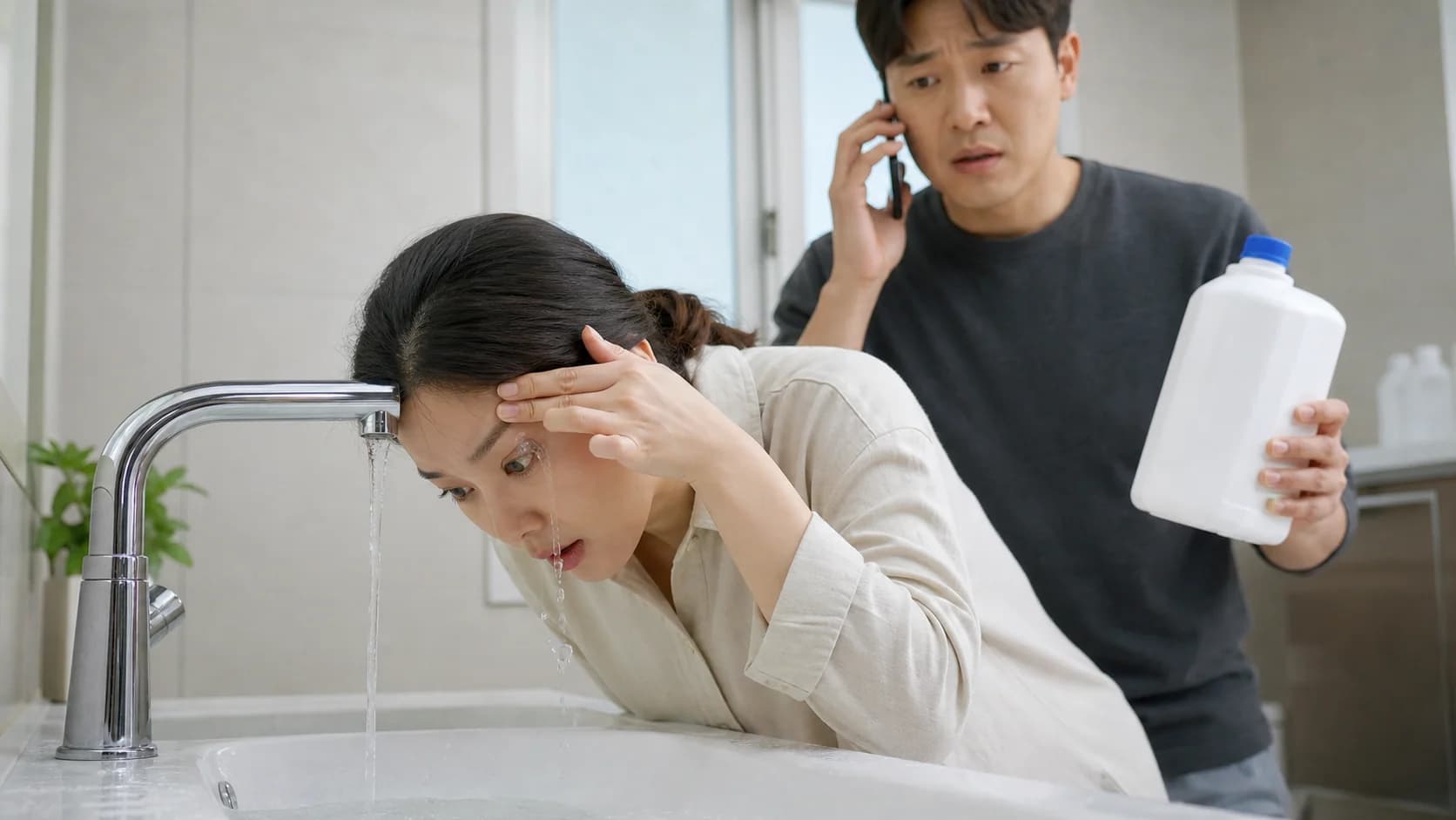 눈에 화학물질이 들어간 즉시 미지근한 흐르는 물로 세척하고 도움을 요청하는 장면