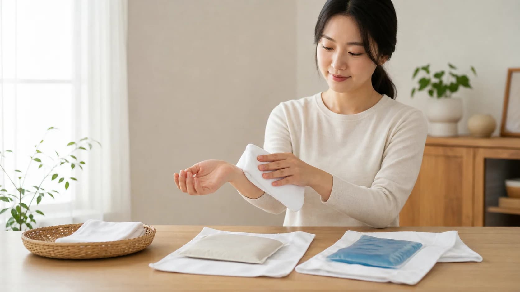 온찜질과 냉찜질 도구를 각각 깨끗한 천으로 감싸고 손목에서 온도를 확인하는 준비 장면