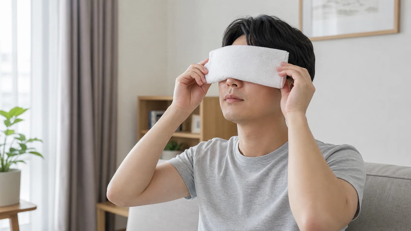 눈을 감고 깨끗하고 미지근한 찜질 수건을 눈꺼풀 위에 가볍게 올린 모습