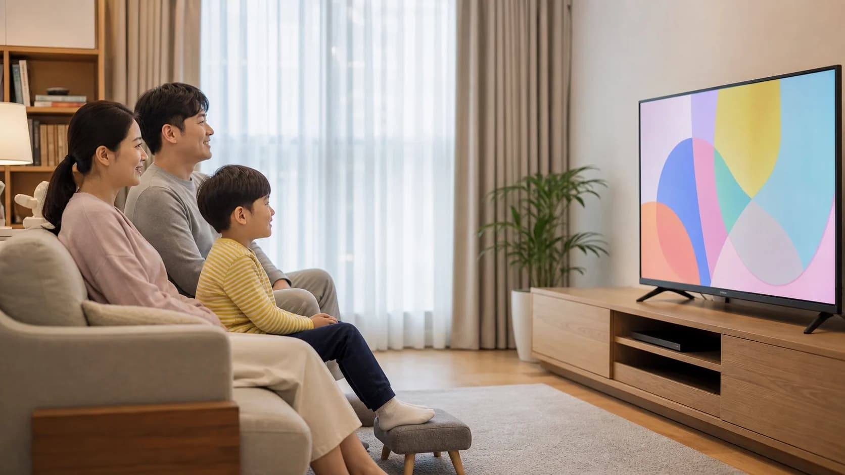 밝기가 과하지 않은 거실에서 화면 반사를 줄이고 바른 자세로 TV를 보는 아이