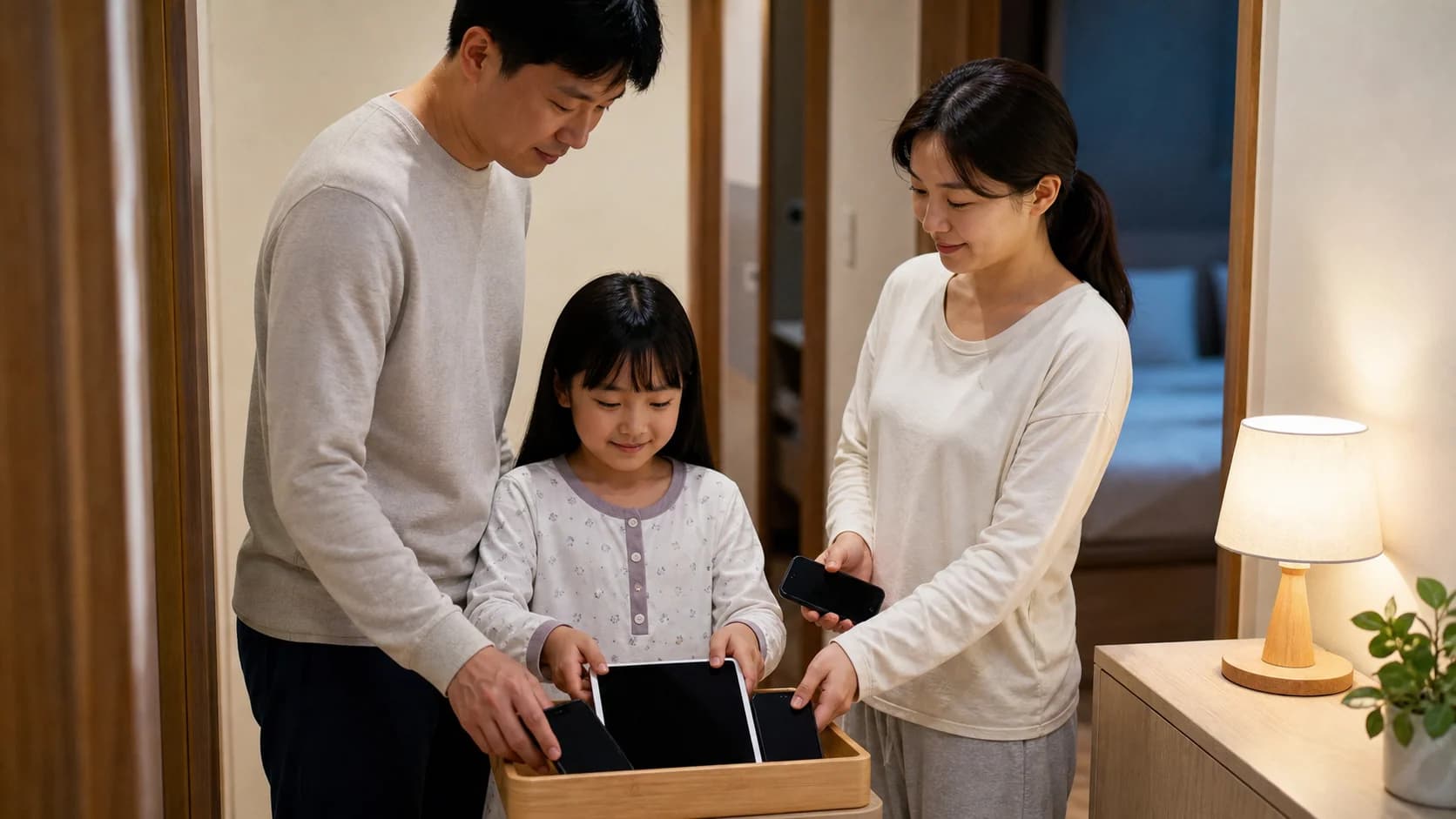 식사와 취침 준비 시간에 가족 모두 휴대기기를 한곳에 두는 모습