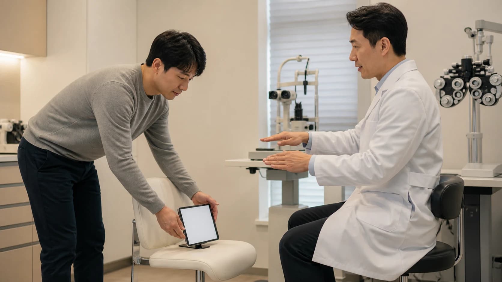 TV와 태블릿의 화면 크기, 자세, 글자 크기, 연속 사용을 같은 기준으로 비교하고 조정 신호를 확인하는 지도
