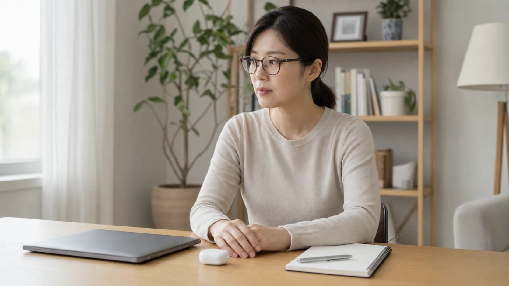 눈 통증이 생긴 뒤 화면과 렌즈 사용을 멈추고 안경을 쓴 채 증상 기록을 준비하는 모습