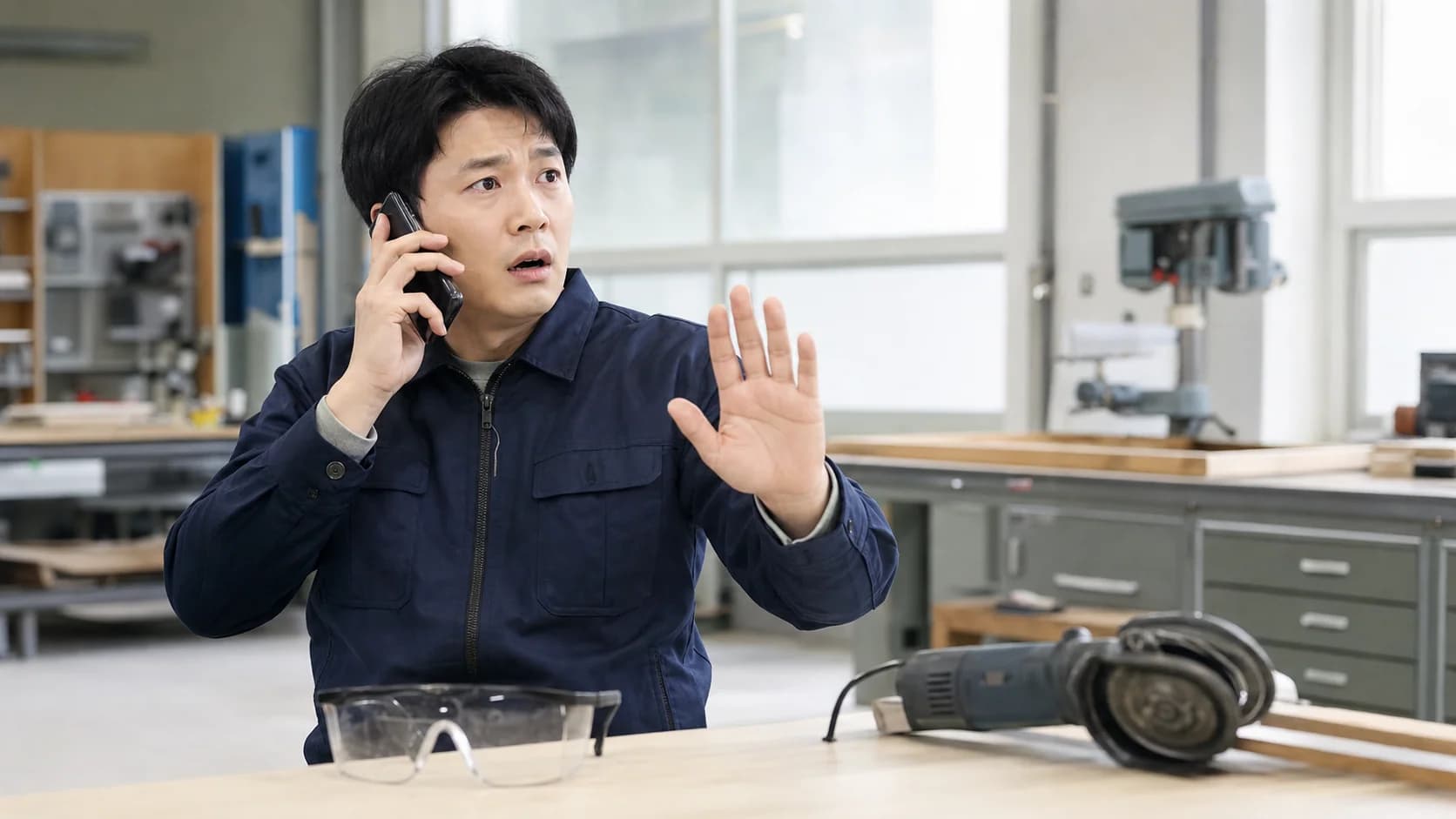작업 중 눈 외상 뒤 보호구와 공구를 내려놓고 응급 상담을 준비하는 모습