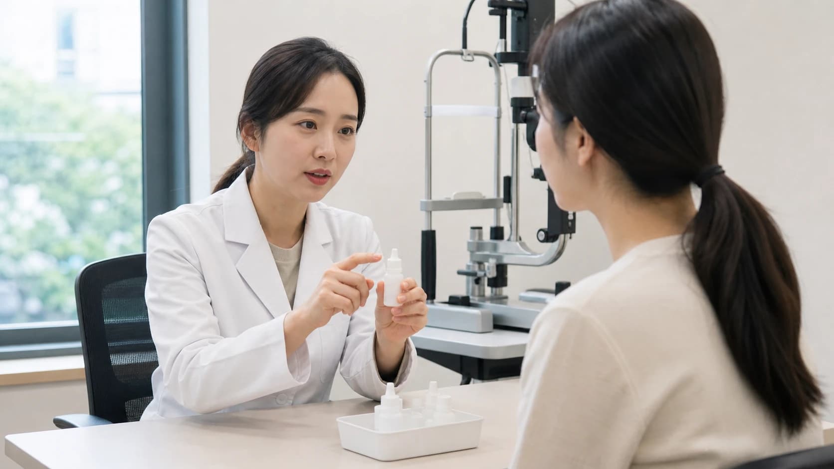 첫 경과 확인에서 시력 숫자 외에 수술 부위와 점안 계획 및 다음 내원을 확인하는 안내