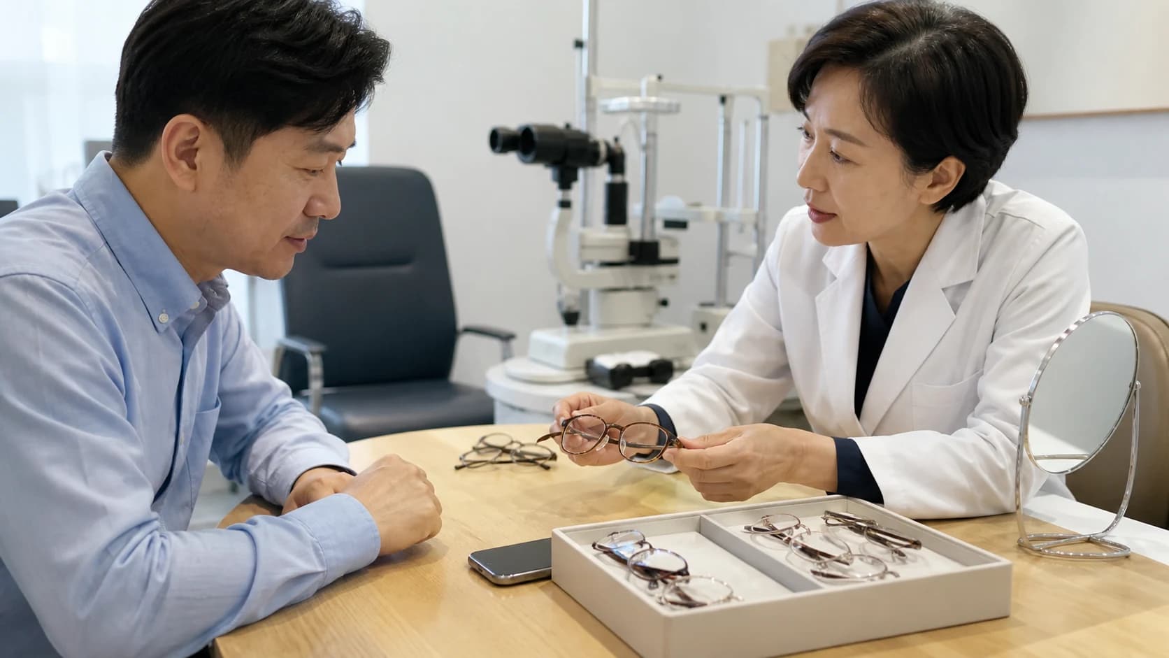 독서와 휴대전화 및 모니터와 원거리에 맞춰 안경 방식을 고르는 안내