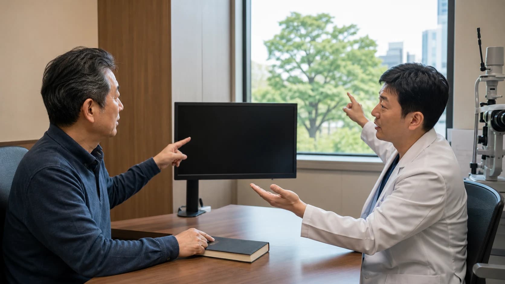 노안 수술 상담에서 목표 거리와 필요한 검사 및 남을 수 있는 불편을 확인하는 안내