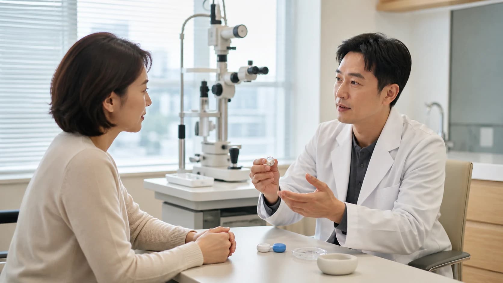 노안 교정 콘택트렌즈의 시야 목표와 눈 상태 및 안전 관리를 함께 평가하는 안내