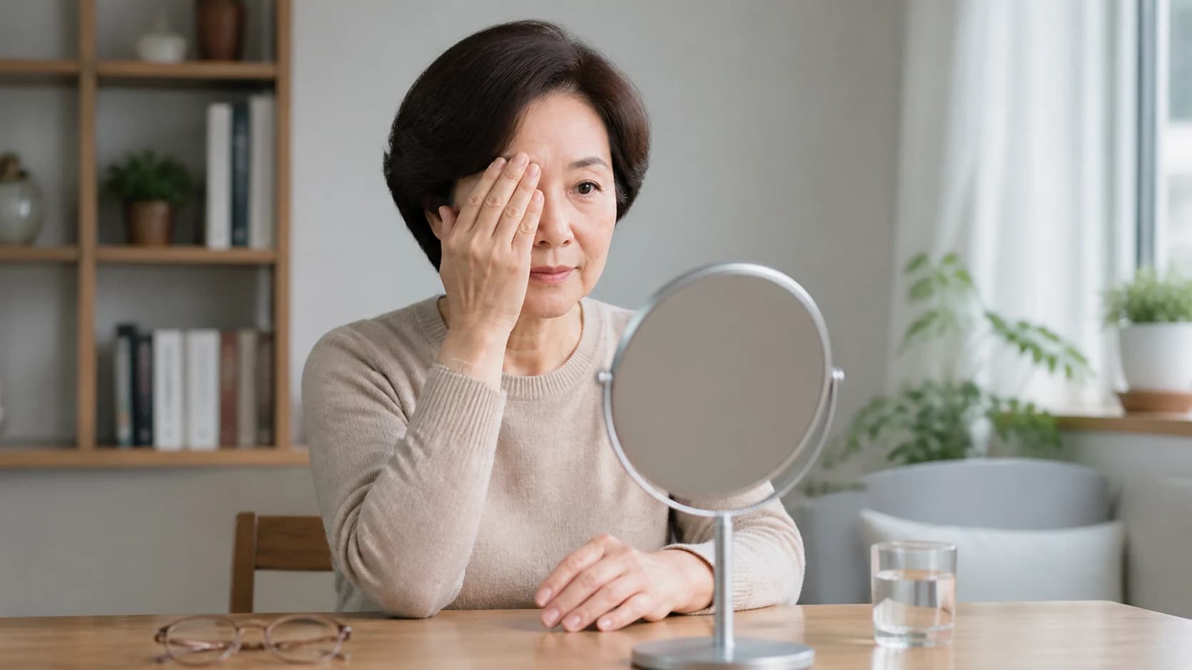 오른쪽과 왼쪽 눈을 차례로 가려 겹침이 남는지 확인하고 응급 동반 신호를 알리는 표
