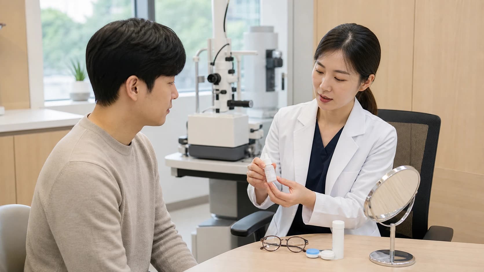 현재 안경·렌즈와 증상 기록 및 산동 뒤 귀가 계획을 준비하는 표