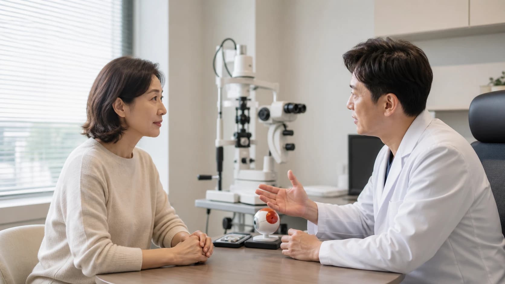 수술 상담에서 기대 편익과 시야 절충 위험 추가 안경 및 경과 계획을 확인하는 안내