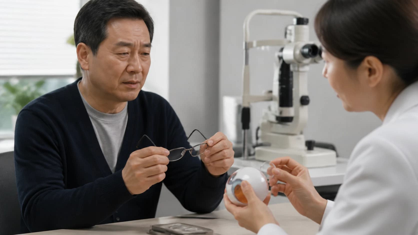 노안의 가까운 초점 변화와 백내장 수정체 혼탁 단서 및 수술 목표를 구분한 안내