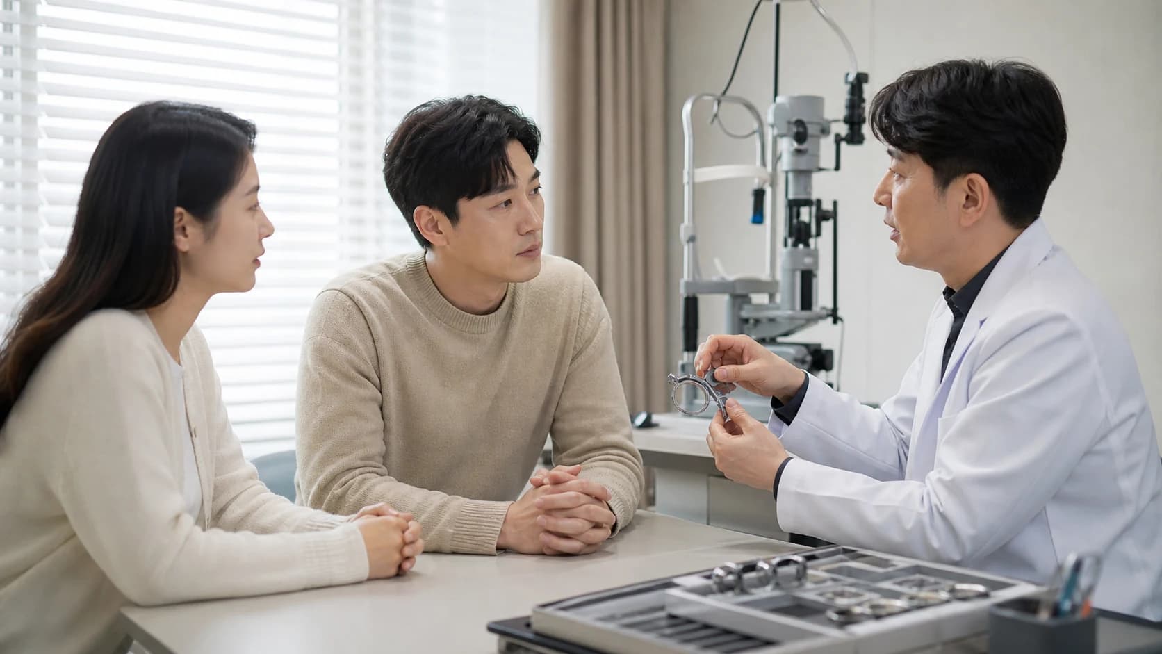 자동굴절검사와 주관적 검사 및 측정 당시 눈 상태를 함께 보는 도해