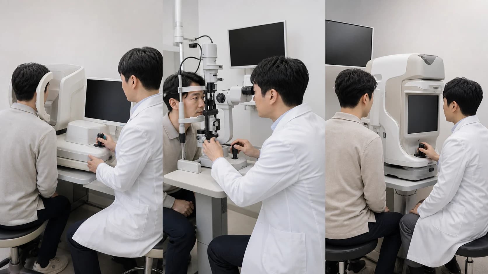 굴절검사와 각막 형태 수정체 상태 및 추가 평가 단서를 구분한 도해