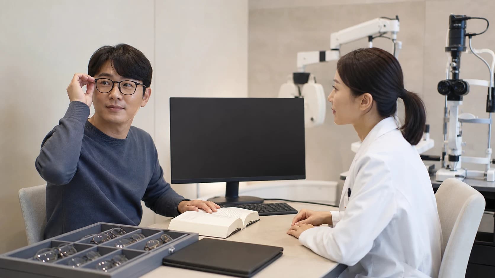난시 상담의 검사 근거 교정 시험 보류 이유와 안전 기준을 기록하는 도해