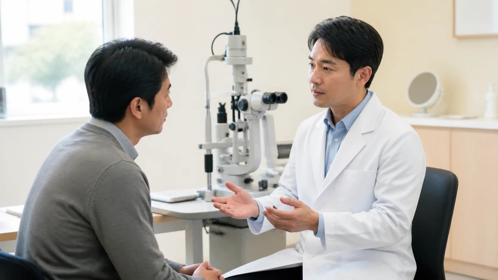 노안 상담의 진단 선택 한계와 다음 행동 네 줄을 기록하는 도해
