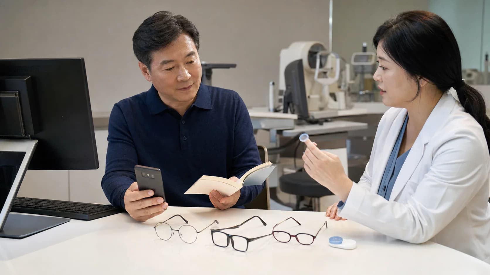 돋보기 누진안경 콘택트렌즈 선택을 실제 거리에서 시험하는 모습