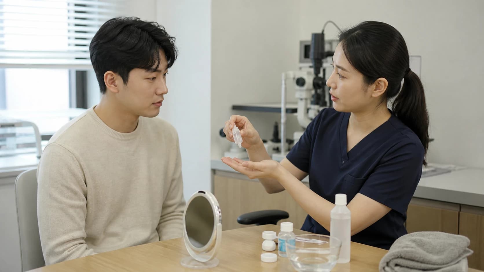 물과 재사용 용액과 허용되지 않은 수면을 렌즈에서 분리한 위생표