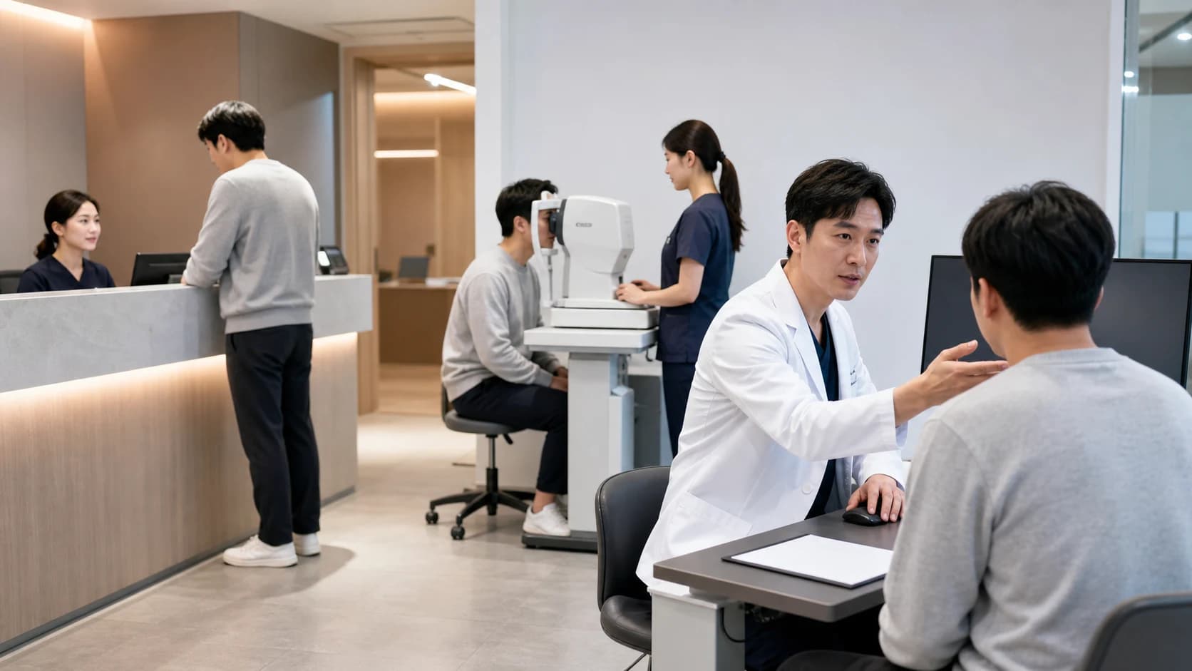 안과 대기시간을 방문 조건과 접수 검사 산동 진료 단계로 나누는 도해