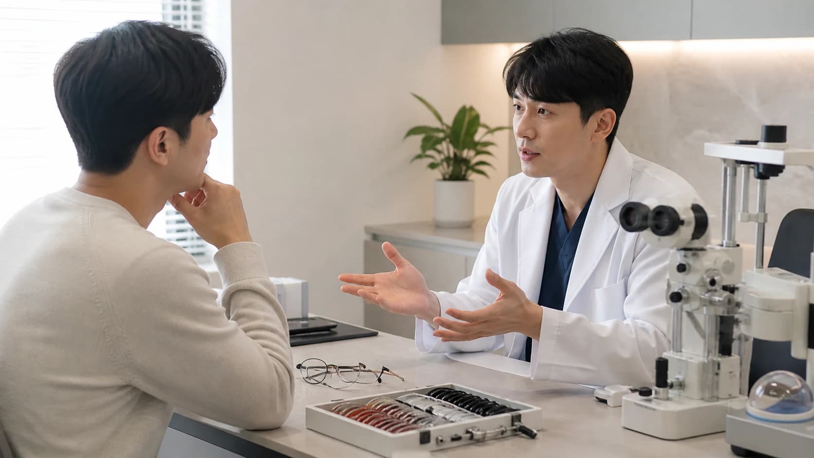 스마일라식 검사 전 현재 목표 조건 과업과 열린 질문을 정리한 정보 도해