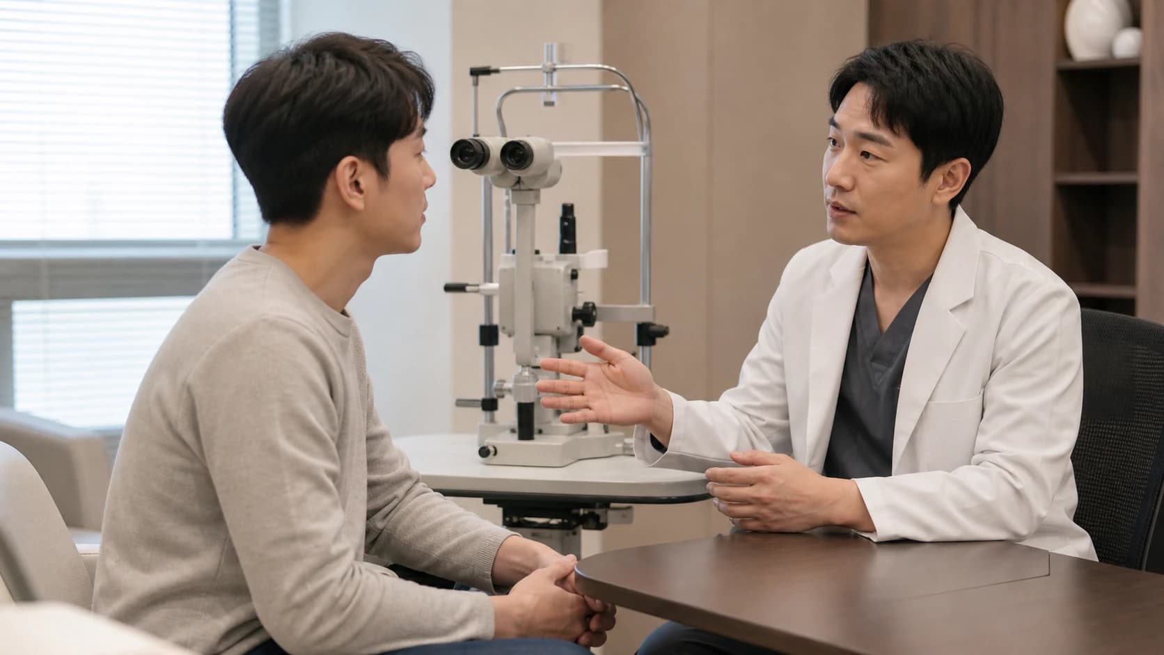 라식 적합성 판단에서 현재 관찰과 비교 경로, 진행·재측정·변경·보류 조건을 기록하는 도해