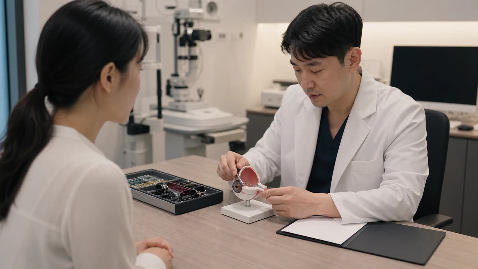 라식 수술 계획을 적용 눈과 정확한 술식, 교정 목표, 기기와 취소·변경 조건으로 구체화한 도해
