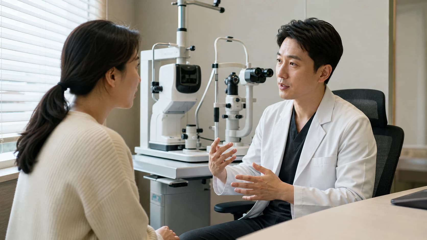 눈별 기준선·시험교정·조건 재측정에서 각막·수정체·후안부 평가와 전달자료·결과설명·복귀 책임까지 잇는 도해