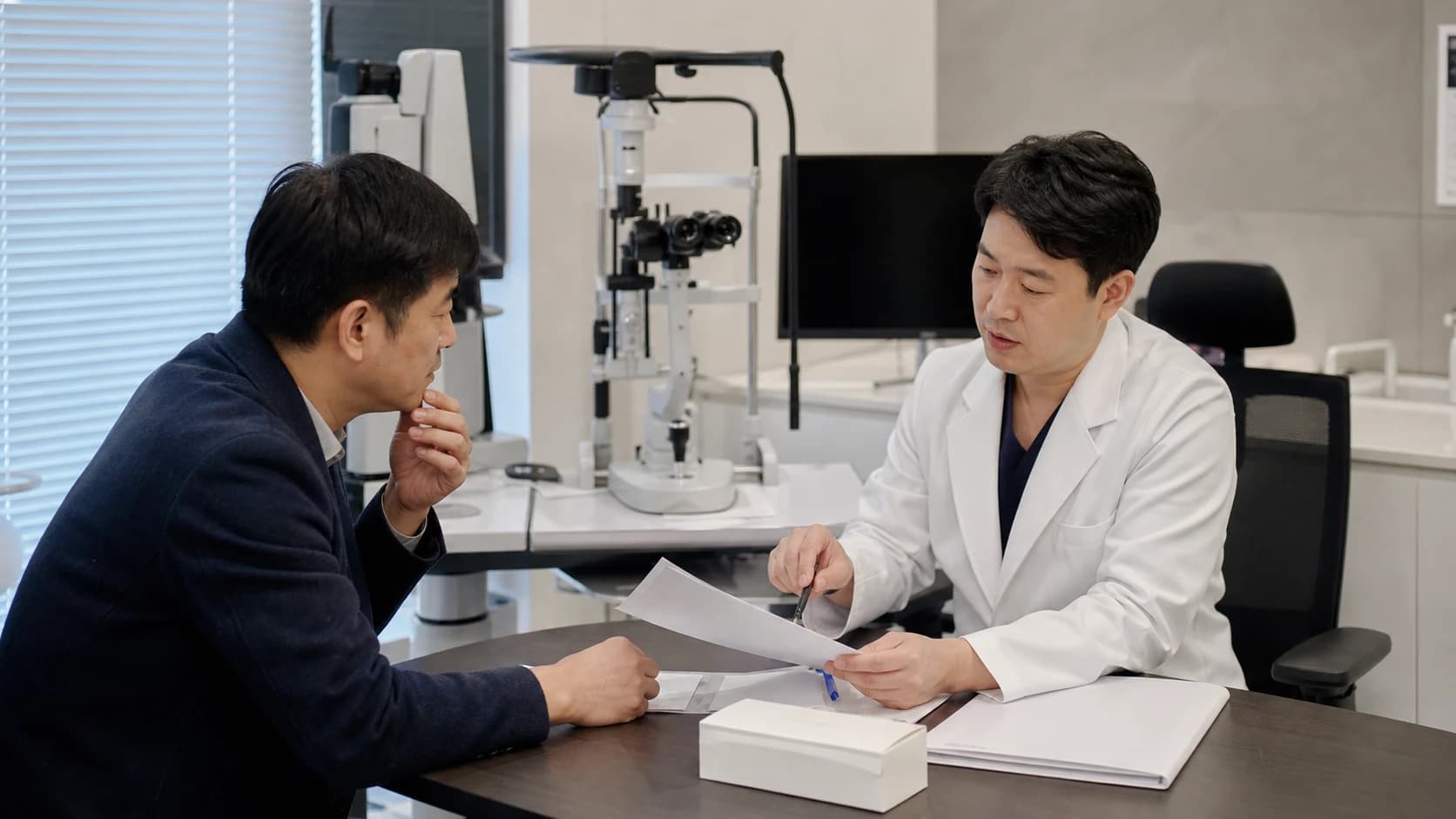 각막·수정체·망막 의뢰 질문과 굴절·각막·영상·증상 자료 전달, 예약·완료·결과 회신, 환자 설명과 복귀 책임을 잇는 도해