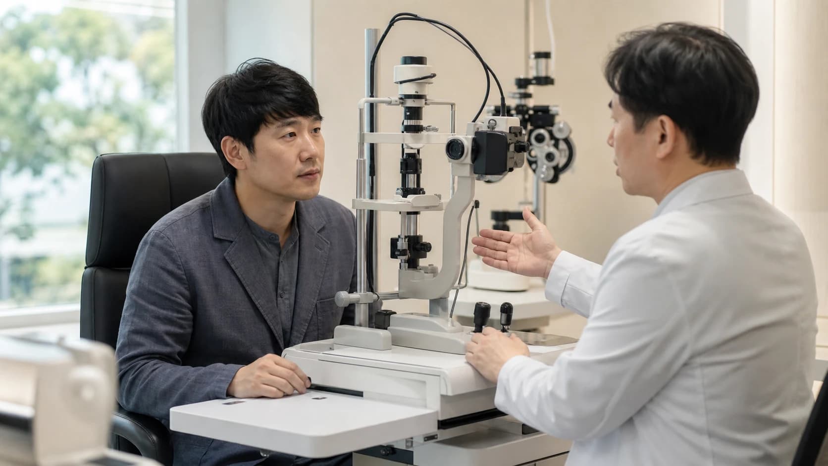 난시값·시험반응·반복축·각막·중심시야·외부평가 여섯 상황의 첫 판단자·상승 근거·긴급도·자료·회신 책임을 묻는 도해