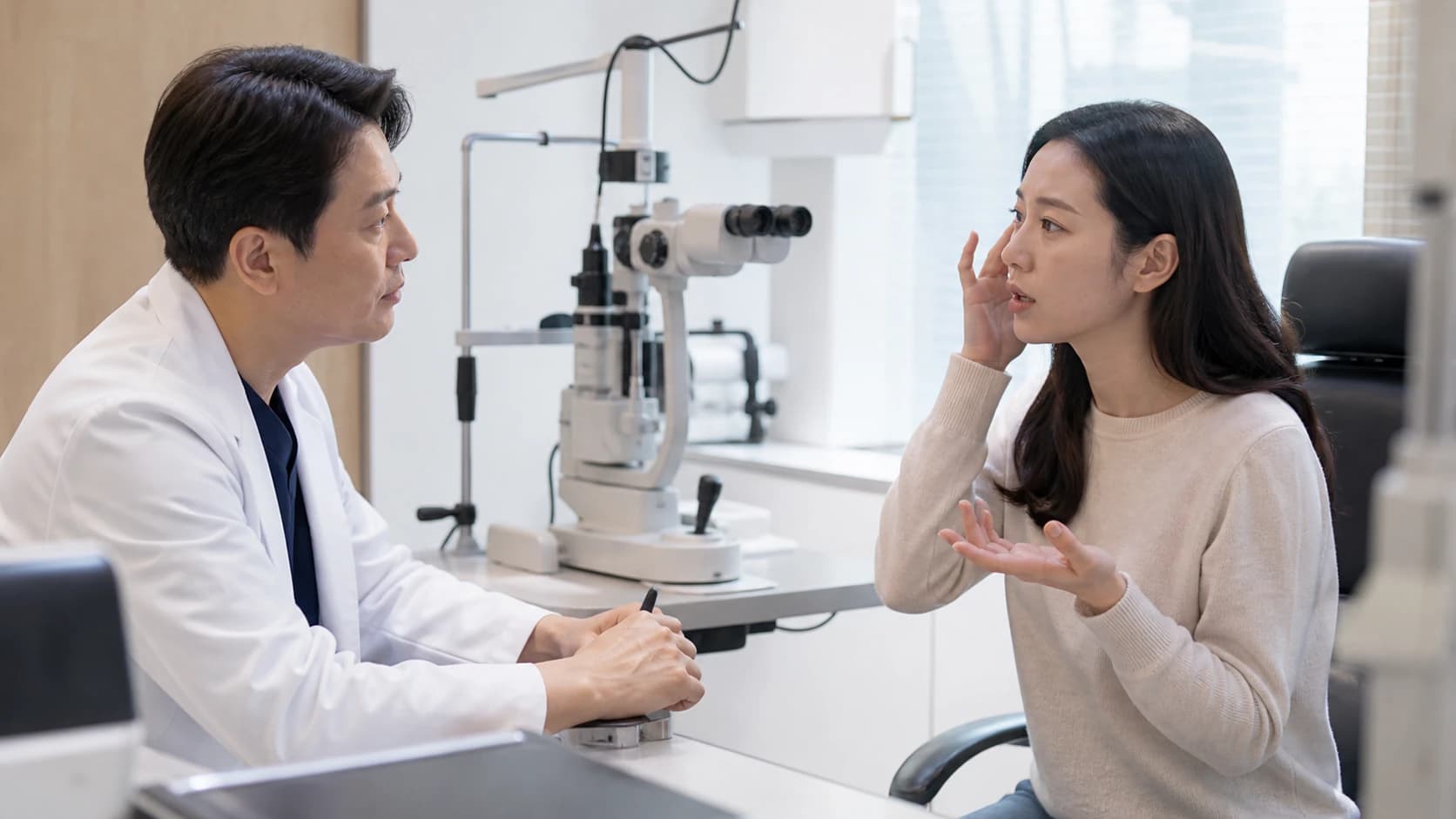 직선 왜곡·중심 빈점·갑작스러운 시력 변화와 새 비문증·번쩍임·그림자·커튼을 후안부 평가로 전환하는 도해