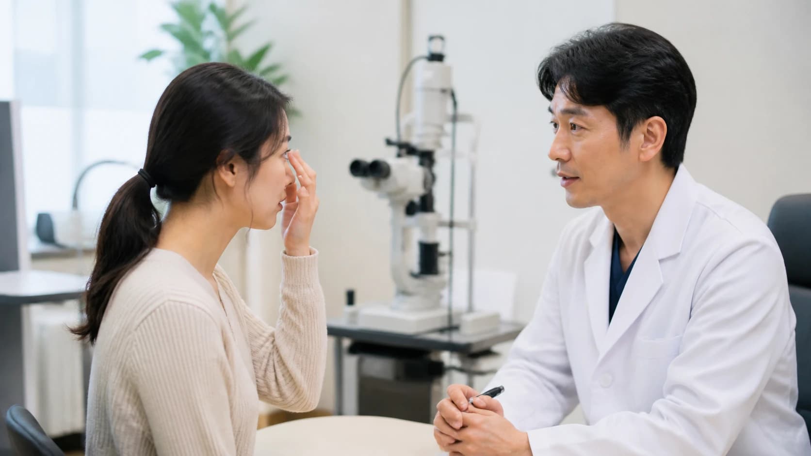 검사로 확인한 난시 소견과 흐림·왜곡·눈 피로 등 환자 불편, 다른 진료가 필요한 갑작스러운 신호를 나누는 도해