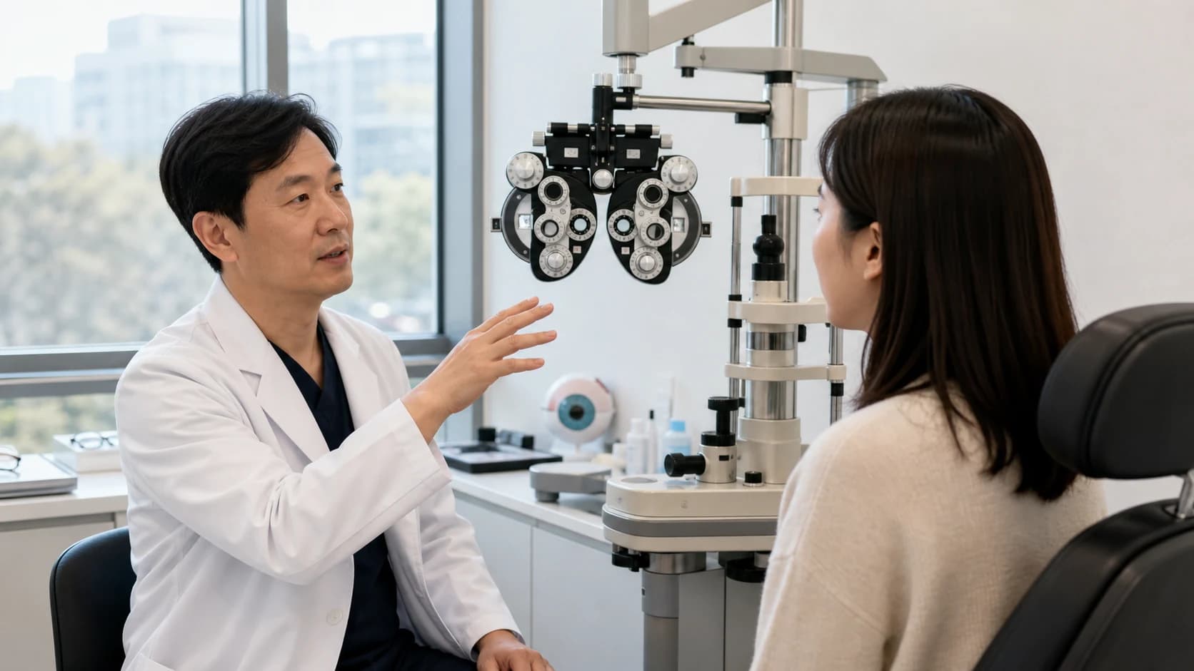 시험교정 뒤 눈별 선명도와 남는 겹침·번짐·왜곡, 단안·양안·거리·조명별 반응 일관성을 확인하는 도해