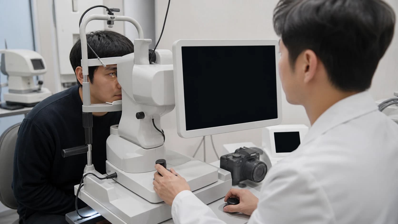 고도근시에서 굴절 교정과 망막 후안부 추적을 두 경로로 나누어 함께 관리하는 도해