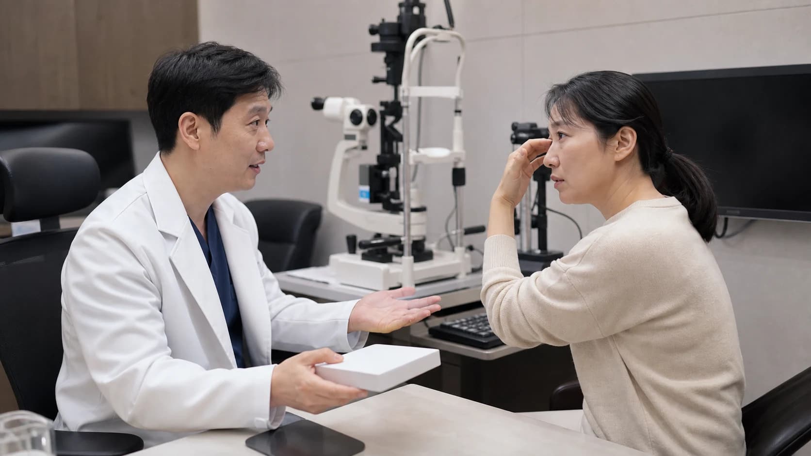 측정 불일치 눈표면과 각막 단서 새 증상과 선택 변화가 재측정 보류 대안 의뢰로 이어지는 도해