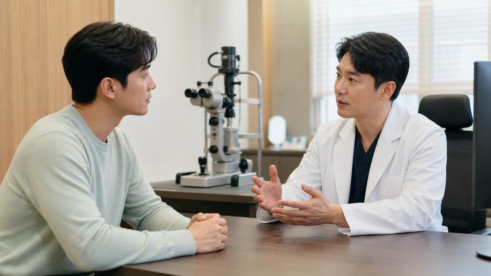 수술 뒤 예상 경과와 새 통증 급격한 저하 충혈 분비물 번쩍임 비문증 시야 가림을 다른 행동 경로로 나누는 도해