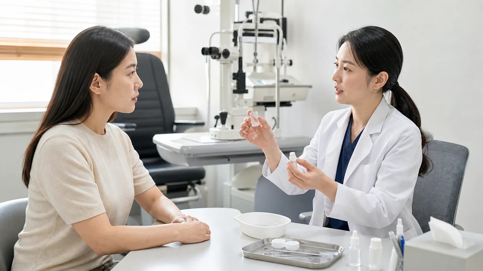 렌즈 착용 기록 질환 약 새 증상과 귀가 계획을 검사 목적과 수술 전제에 연결하는 도해