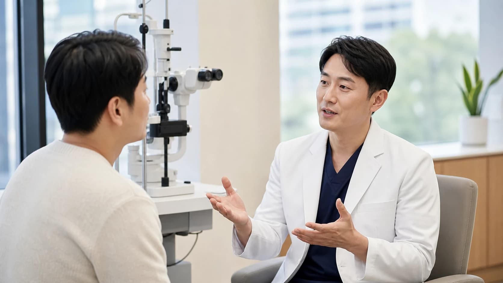 노안 해결 결정을 진단 생활 거리 교정수단 양안 전략 수술 여부와 추적으로 나누는 정보 도해