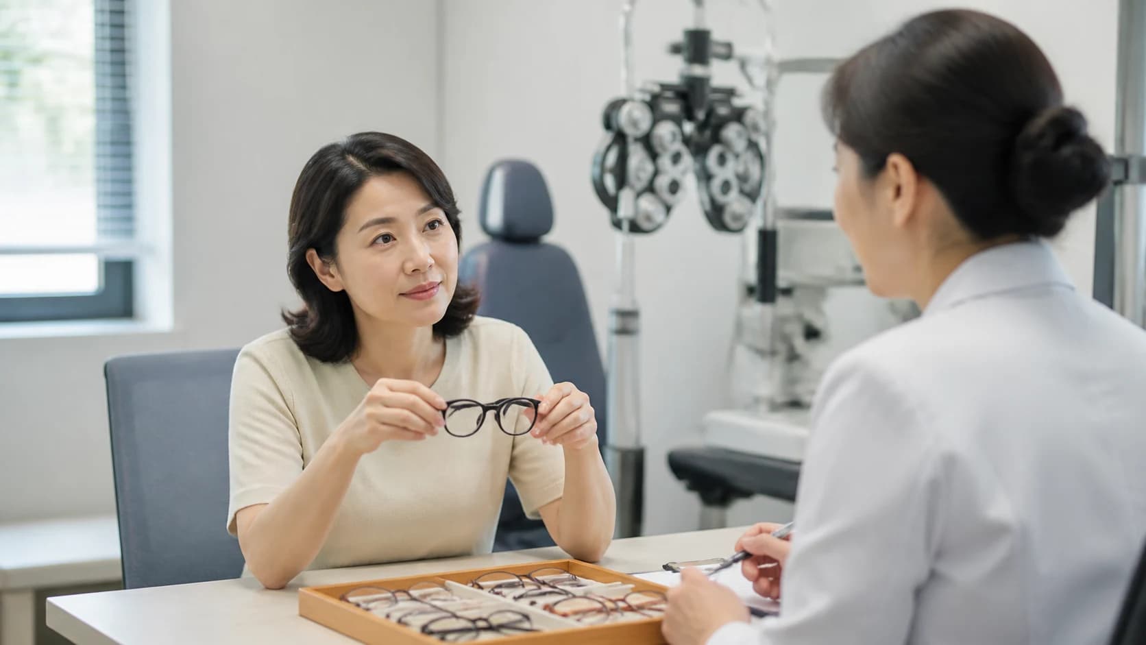 안경 렌즈 시험의 조건 결과와 조정 가능한 원인 또는 구조 한계를 구분하는 정보 도해
