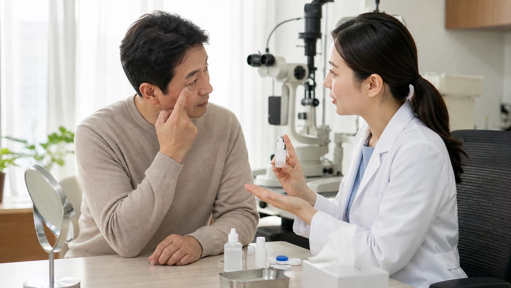 눈표면 증상 관찰과 시간 렌즈 반복 측정 변화를 확인해 관리 재측정 또는 보류로 나누는 정보 도해