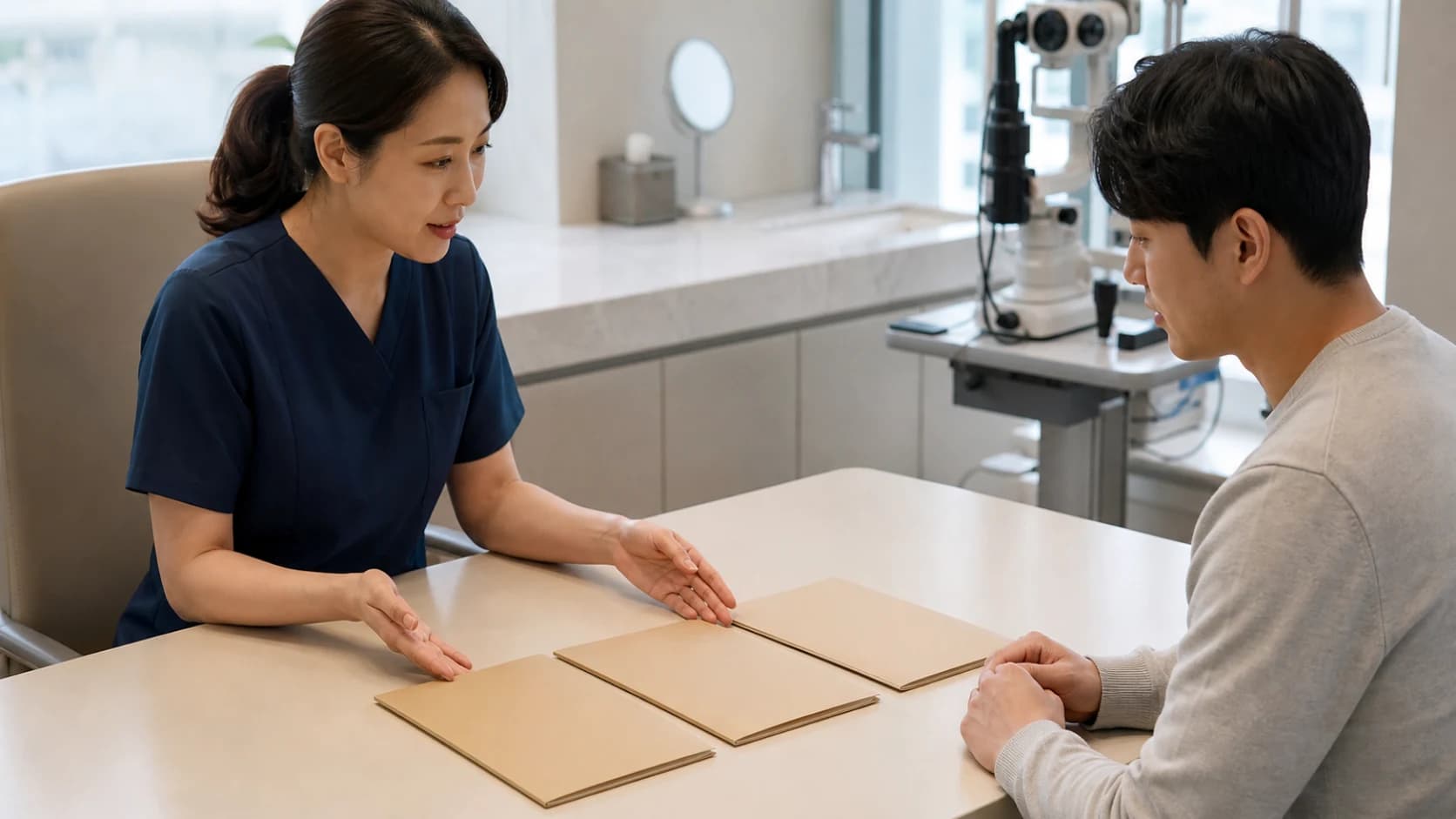 안과 진료의 예약 전 예상액 진료 후 변경액 결제 후 실제액을 같은 항목으로 대조하는 정보 도해