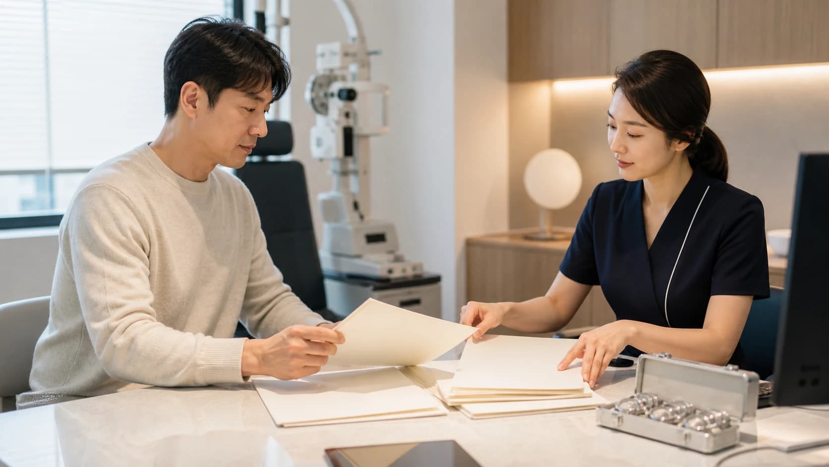 스마일라식 최초 견적과 재검사 방법 변경 보류 뒤 사용 금액 잔액 새 비용 다음 결정을 연결하는 정보 도해